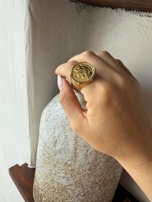 Anel Grosso Com Moeda em aço inoxidável, destacando estilo e confiança, posicionado sobre uma superfície elegante.
