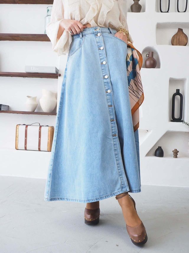 Midi Jeans Skirt with Buttons