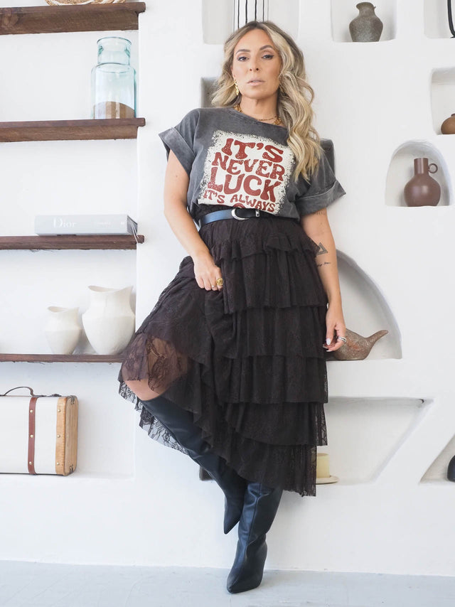 Saia Midi Com Renda e Folhos
