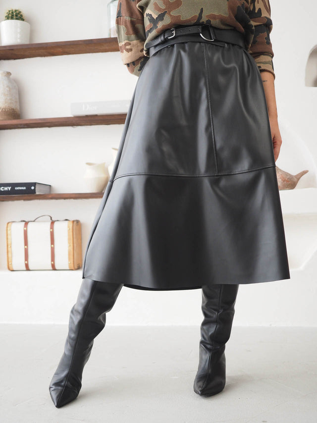 Faux leather skirt with belt.