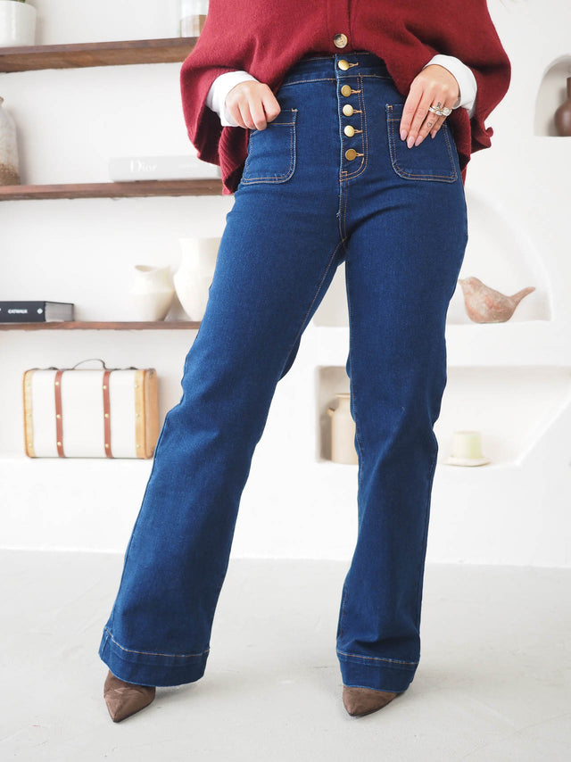 Jeans Wide Leg Com Bolsos e Botões