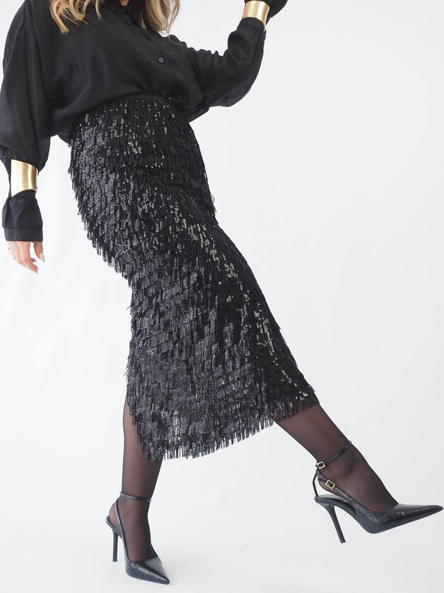 Saia Midi Franjas Com Lantejoulas