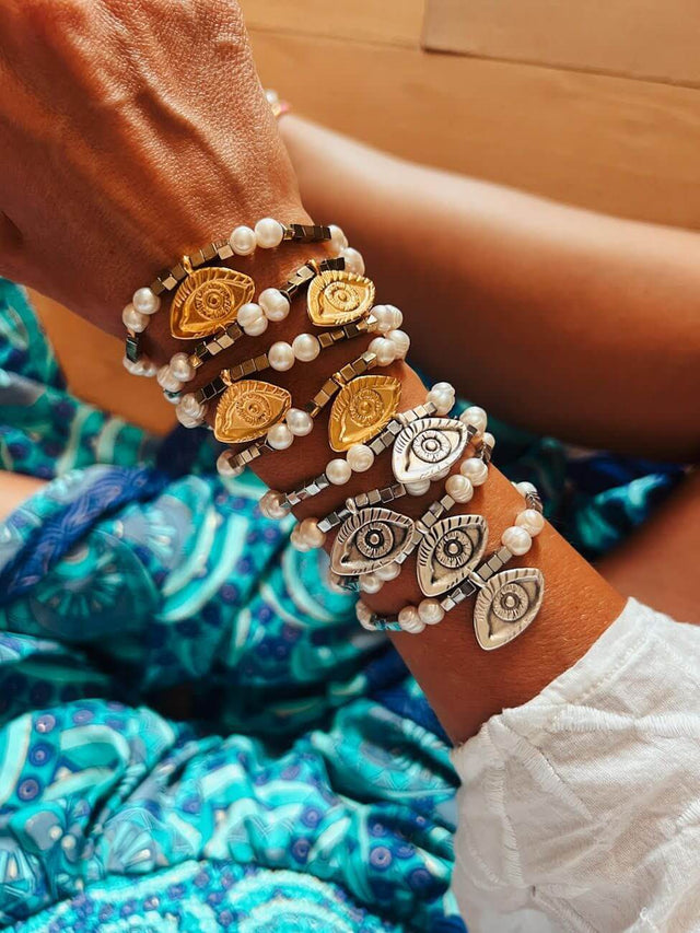 Pulseira de Proteção com Pérolas de Hematite e Olho-Grego