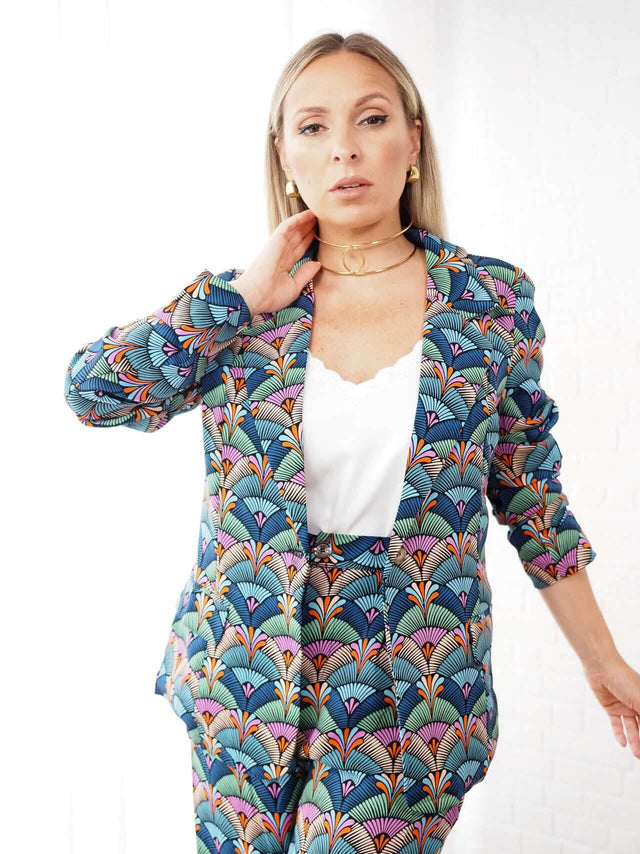 Calças: Blazer Estampado Retro para Mulher - Black Peach® Color: azul Size: S | Outono / Inverno 2022