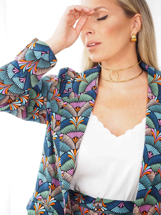 Calças: Blazer Estampado Retro para Mulher - Black Peach® Color: azul Size: L | Outono / Inverno 2022