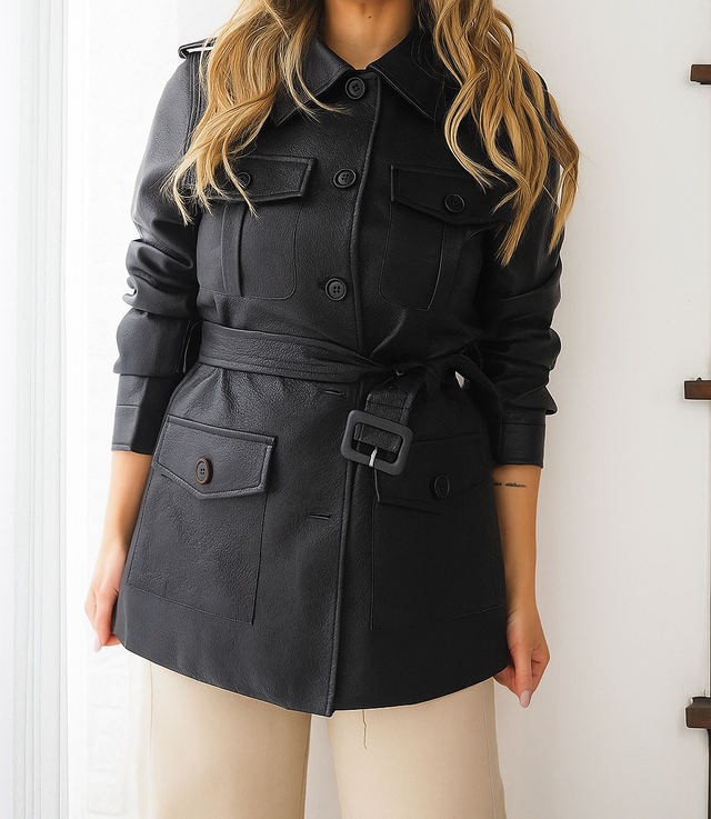 Eco-leather trench coat with belt.