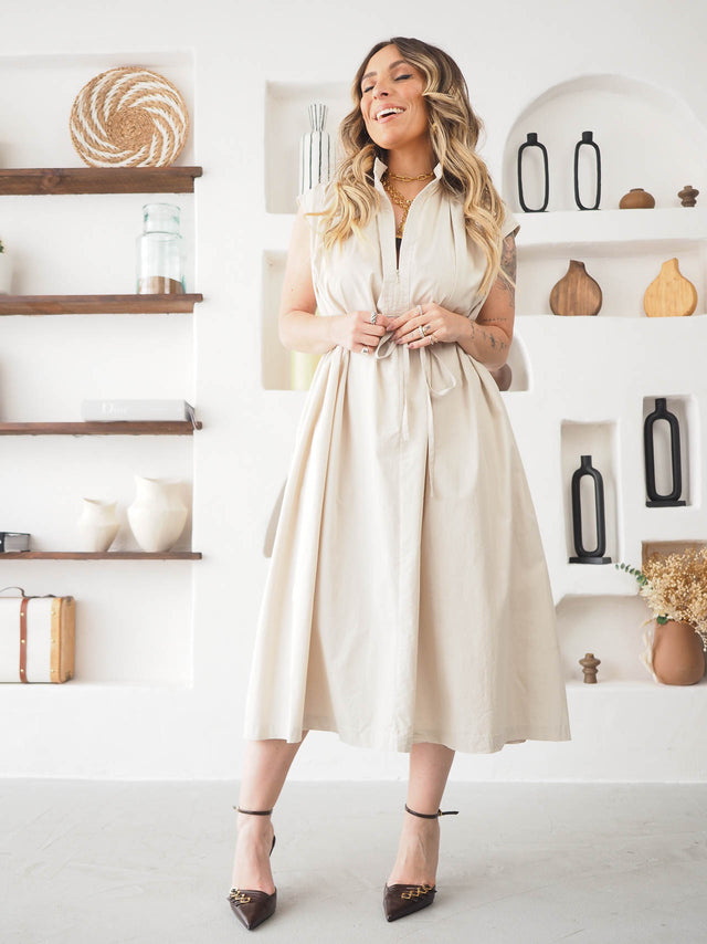 Vestido Midi Manga Cava e Fecho