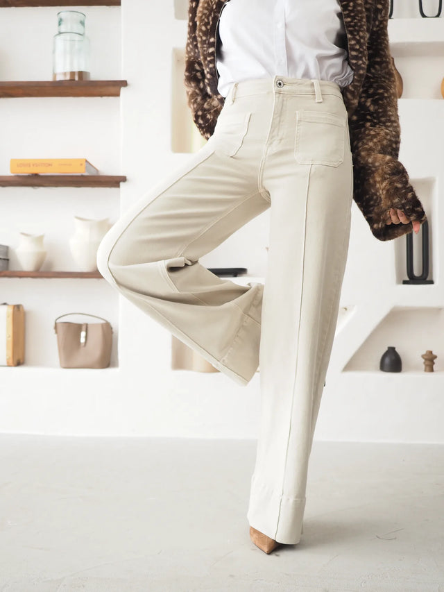 Calças de Ganga Wide Leg Cintura Subida Com Bolsos