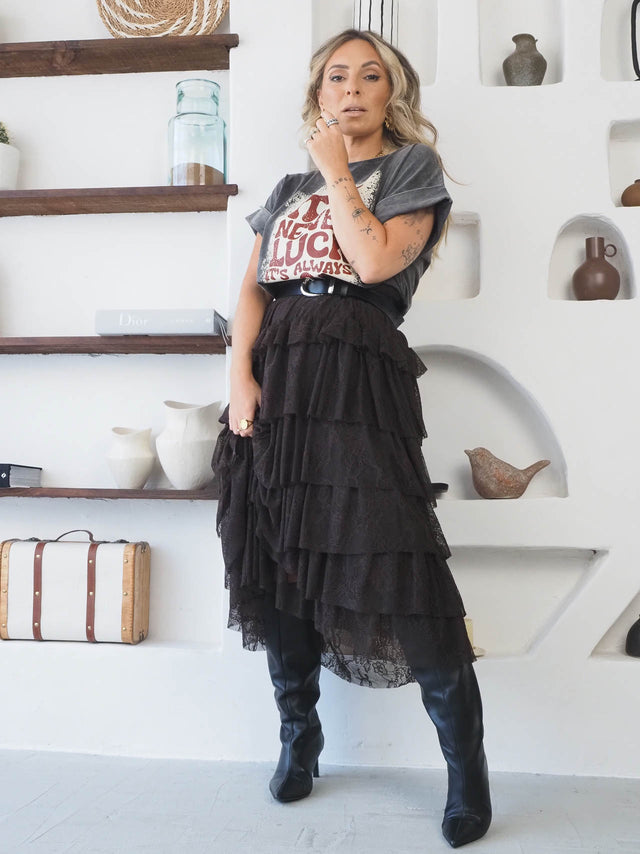 Saia Midi Com Renda e Folhos