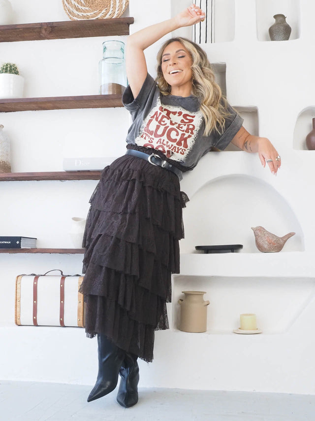 Saia Midi Com Renda e Folhos