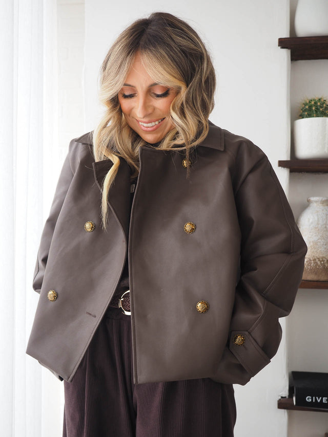 Eco-leather cross-over coat