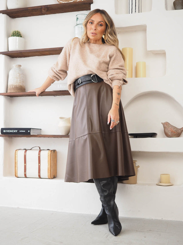 Faux leather skirt with belt.