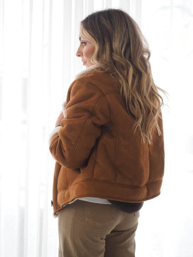 Suede Effect Coat with Curly Fur