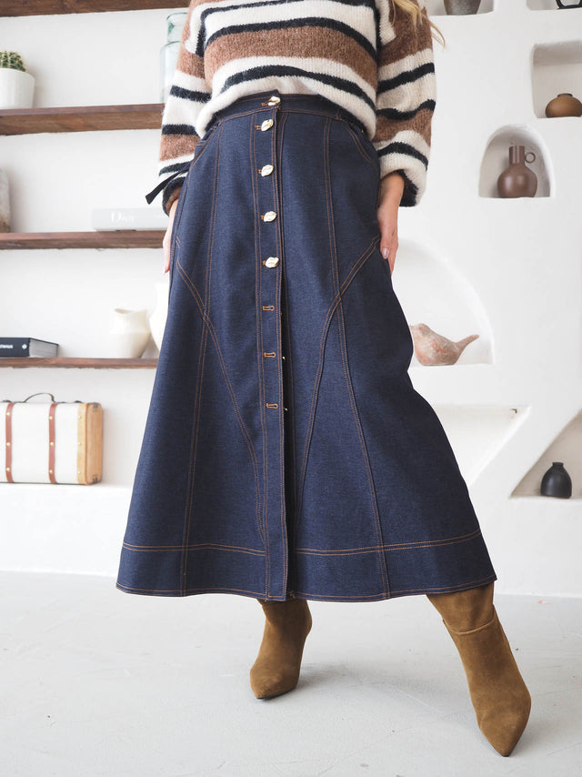 Midi Jeans Skirt with Buttons