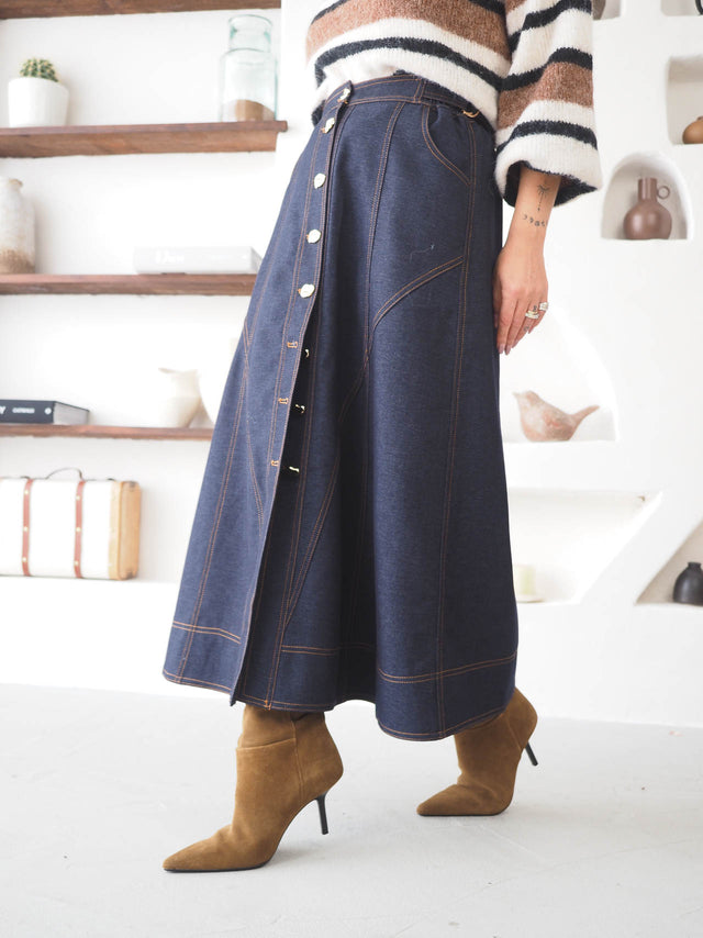 Midi Jeans Skirt with Buttons