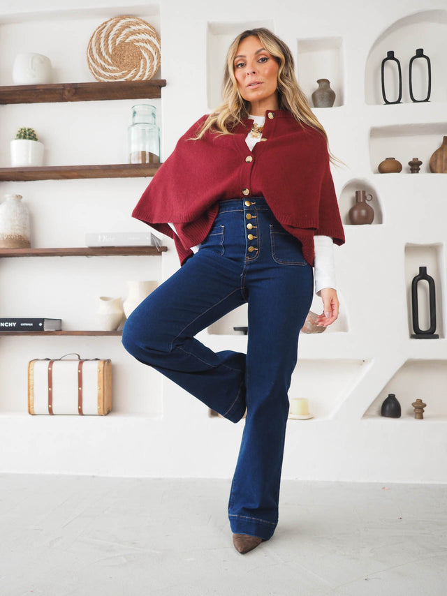 Jeans Wide Leg Com Bolsos e Botões