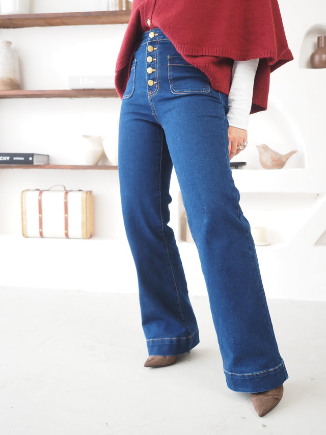 Jeans Wide Leg Com Bolsos e Botões