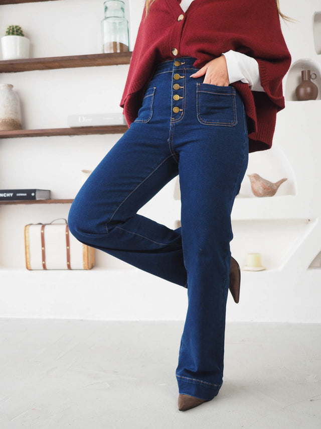 Jeans Wide Leg Com Bolsos e Botões
