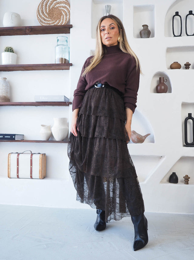 Midi Skirt with Lace and Ruffles