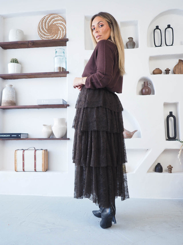 Midi Skirt with Lace and Ruffles