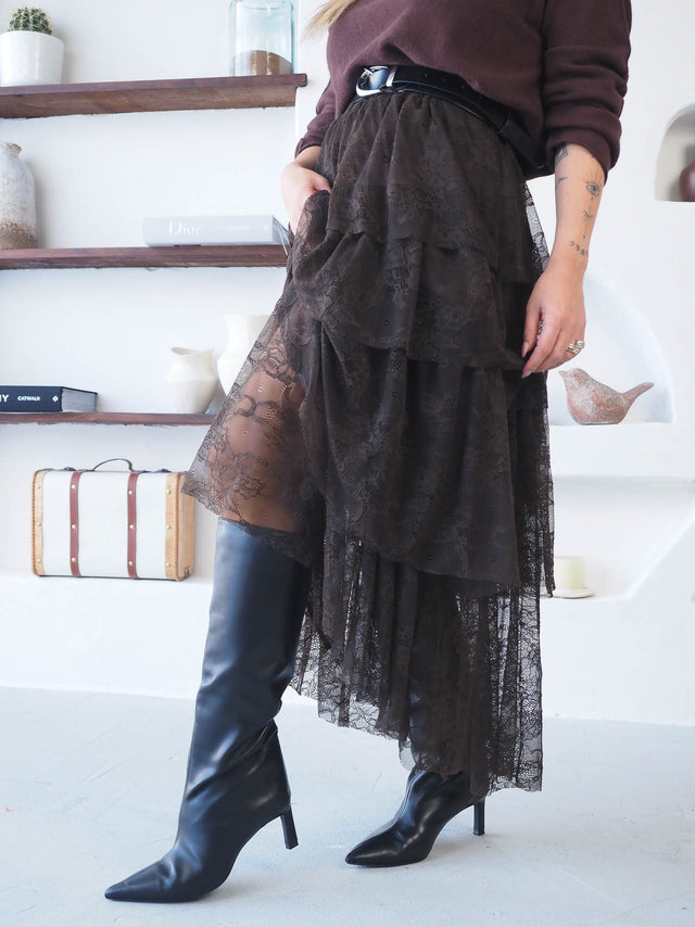 Midi Skirt with Lace and Ruffles