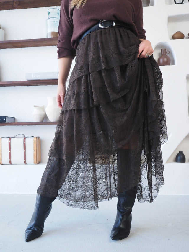 Midi Skirt with Lace and Ruffles