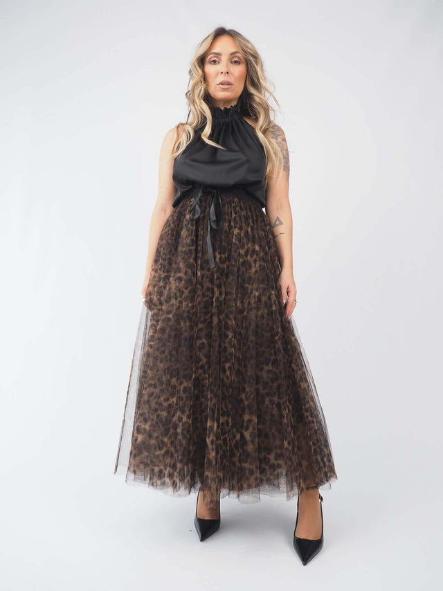 Leopard Print Tulle Midi Skirt