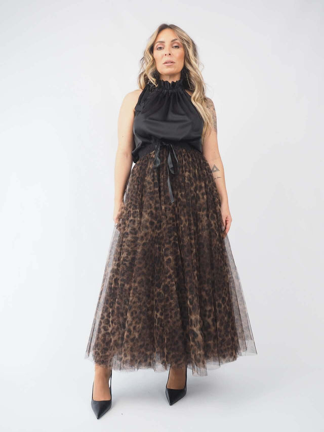 Leopard Print Tulle Midi Skirt