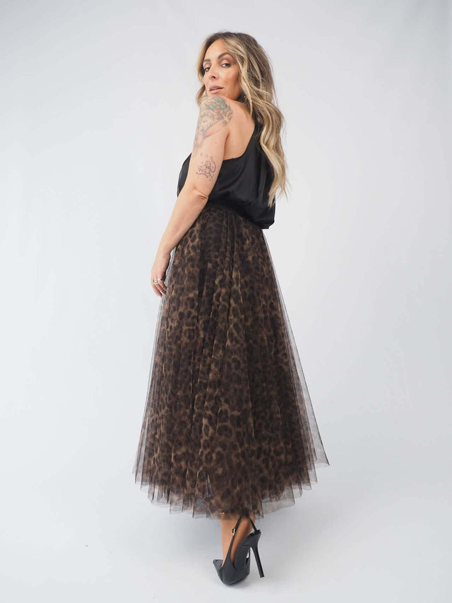 Saia Midi Em Tule Print Leopardo