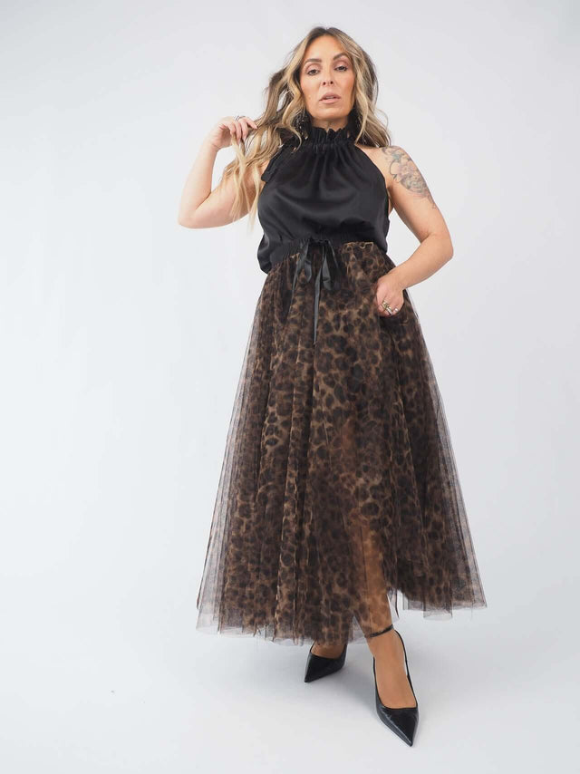 Leopard Print Tulle Midi Skirt