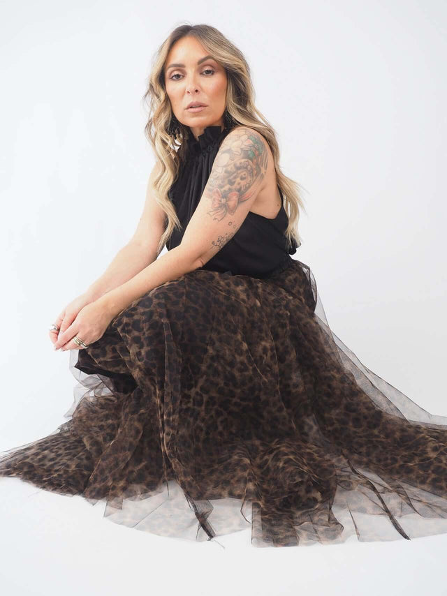 Saia Midi Em Tule Print Leopardo