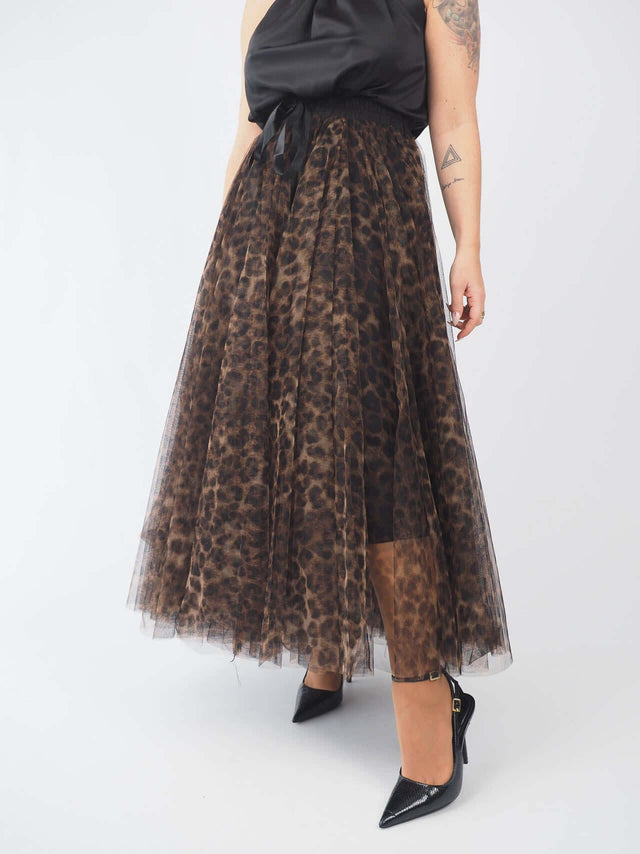 Leopard Print Tulle Midi Skirt