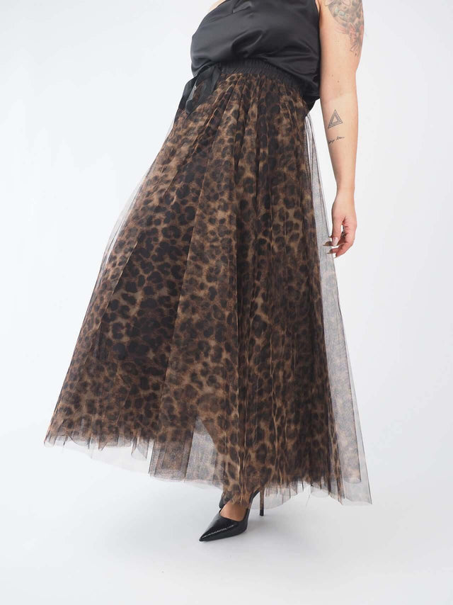 Saia Midi Em Tule Print Leopardo