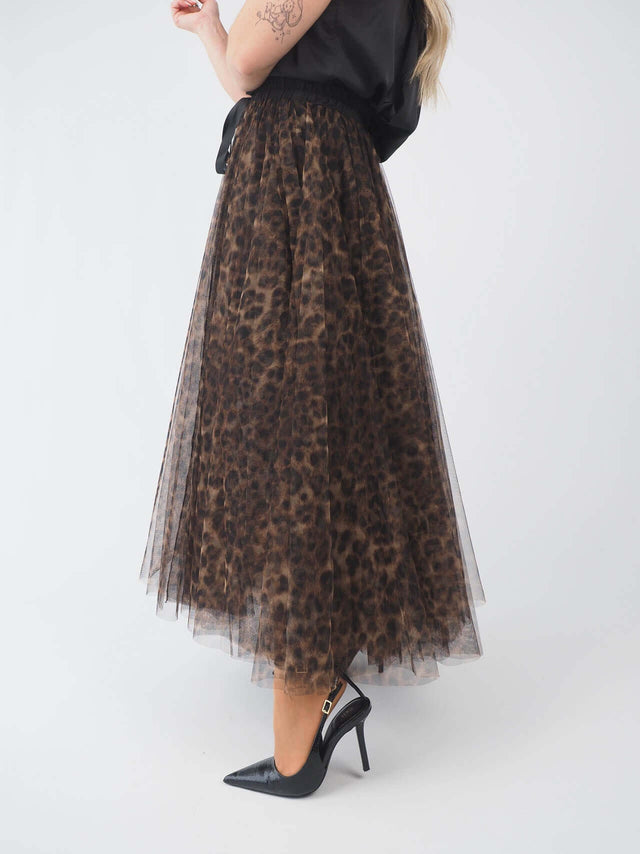 Saia Midi Em Tule Print Leopardo