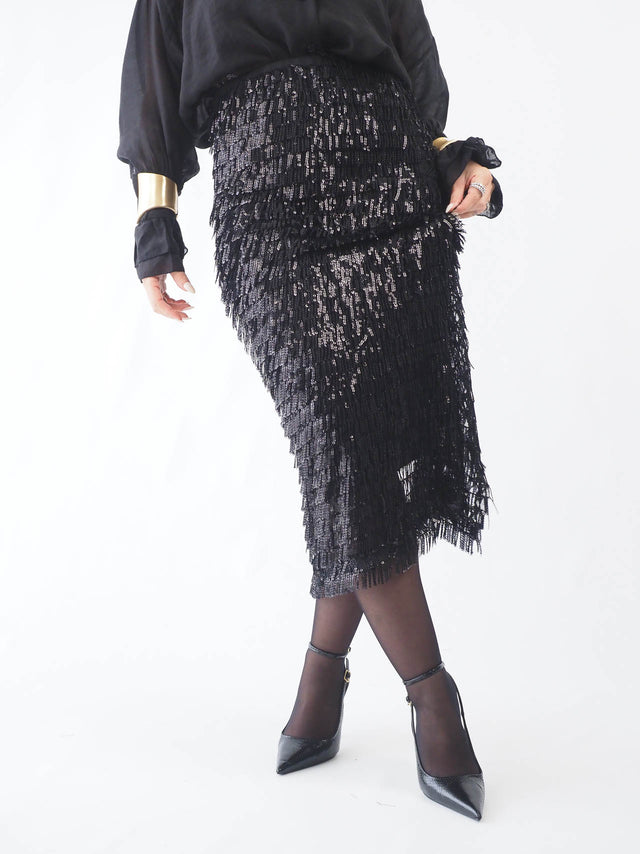 Jupe midi à franges et sequins