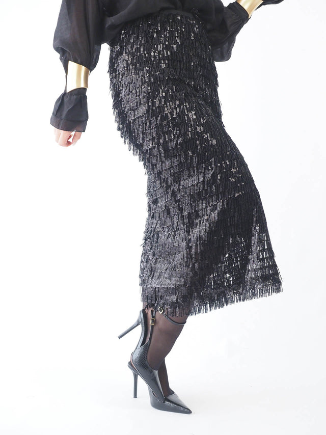 Jupe midi à franges et sequins