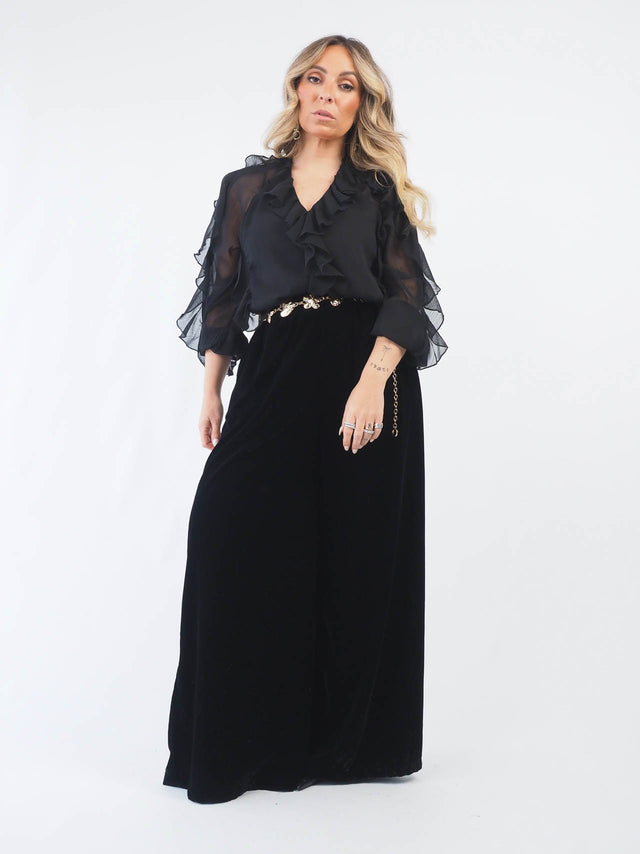 Velvet Wide-Leg Pants with Glitter
