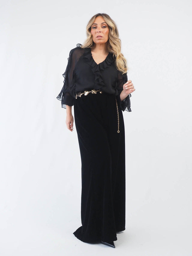 Velvet Wide-Leg Pants with Glitter