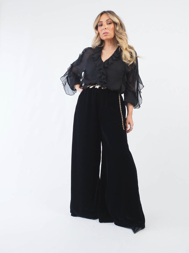 Velvet Wide-Leg Pants with Glitter