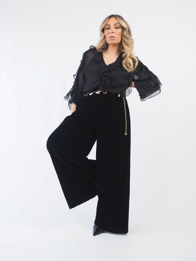Velvet Wide-Leg Pants with Glitter