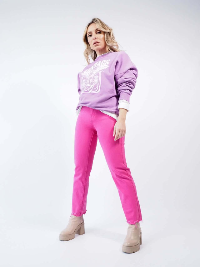 Calças de ganga de cor, fuchsia.