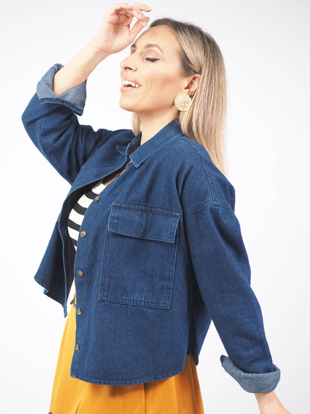 Camisa de ganga escura 100% algodão.